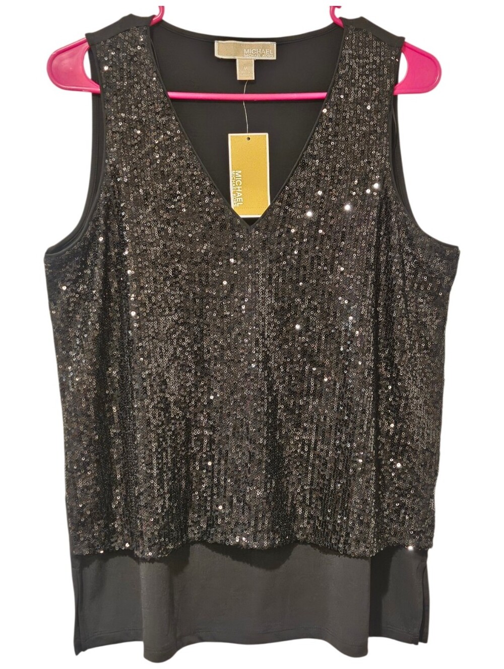 MICHAEL Michael Kors Black Sequined Layered V-Neck Tank Top M NWT
